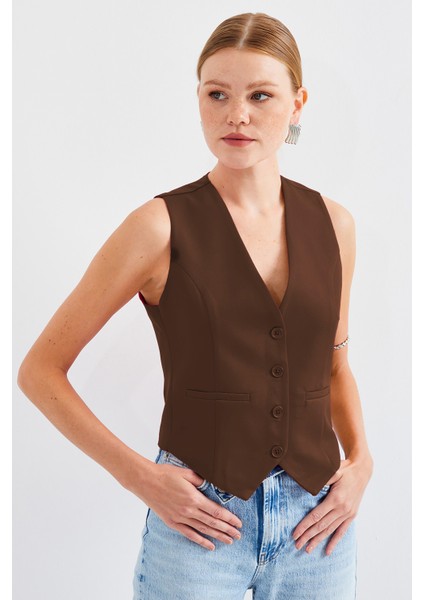 6796 Kısa Dokuma Yelek - Kahverengi modelleri