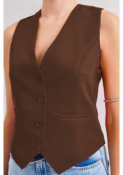 6796 Kısa Dokuma Yelek - Kahverengi fırsatları