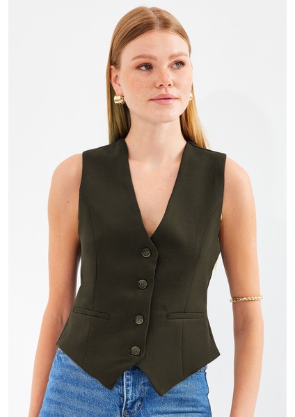 6796 Kısa Dokuma Yelek - Haki