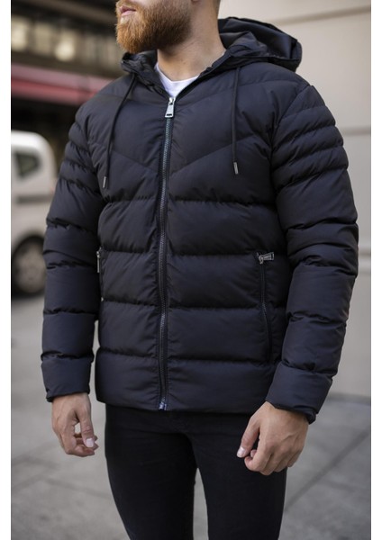 Erkek Siyah Kapşonlu Mont -FN10040