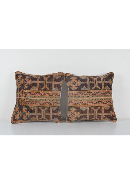 Set Kahverengi Renkli Geometrik El Dokuma Kilim Kırlent Kılıf 45 x 45 cm