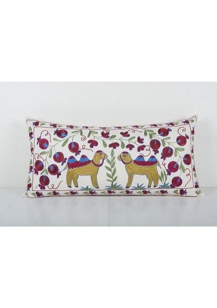 Çiçek Desenli Etnik Suzani Kırlent Kılıfı El Dokuma Kırlent Kılıf 45 x 90 cm