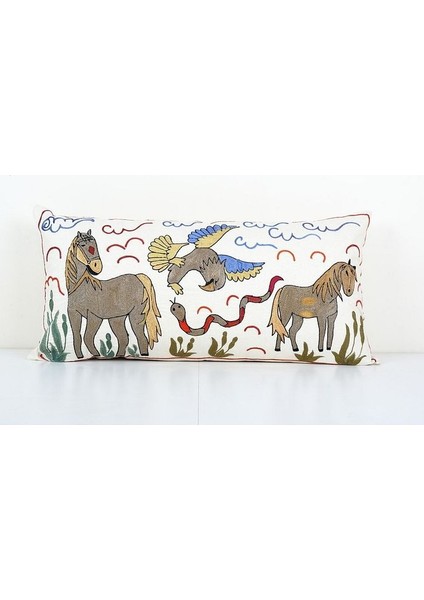Hayvan Desenli Vintage Etnik Suzani Kırlent Kılıfı, El Dokuma Kırlent Kılıf (Içliksizdir)