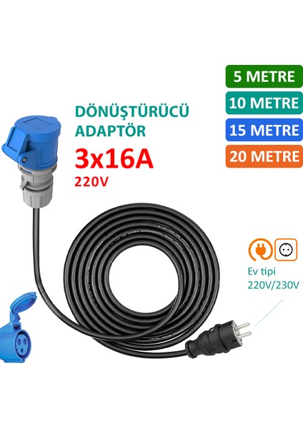 15 Metre 3X16A 220V ile Çalışan Cihazınızı, 220V Ev Tipi Prize Bağlar. Elektrikli Araç Şarj İstasyonu Dönüştürücü Adaptör