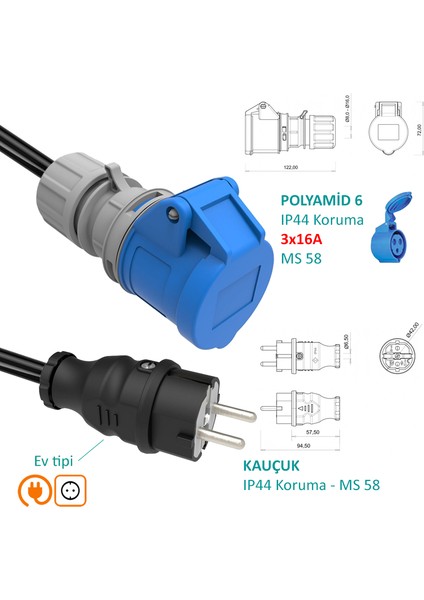 15 Metre 3X16A 220V ile Çalışan Cihazınızı, 220V Ev Tipi Prize Bağlar. Elektrikli Araç Şarj İstasyonu Dönüştürücü Adaptör