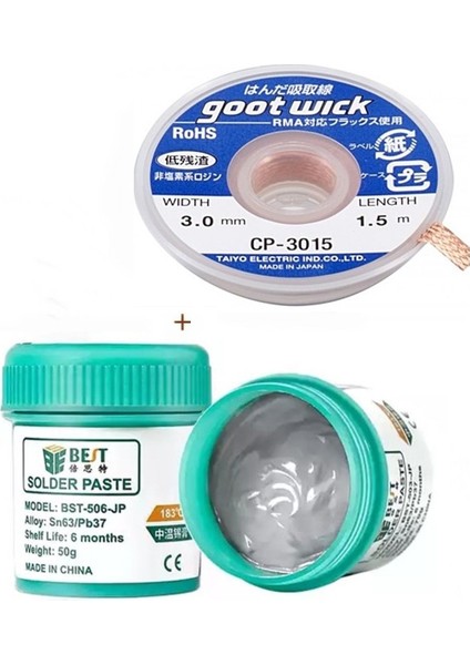 BST-506-JP Krem Lehim Sıvı Lehim Solder Paste 50GR Lehim Emme Temizleme Teli 3mm CP-3015 - *
