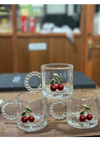 3'lü Kirazlı Boncuklu Cam Kupa Bardağı