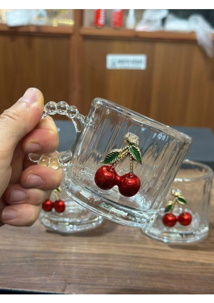 3'lü Kirazlı Boncuklu Cam Kupa Bardağı