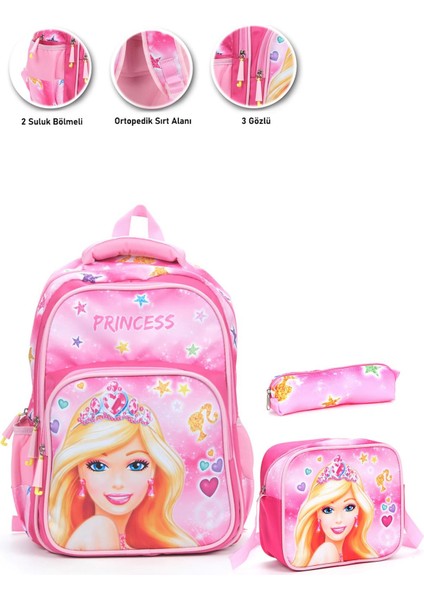 Soft Princess Barbie Okul Çantası + Beslenme + Kalemlik + Barbie Kız Çantası