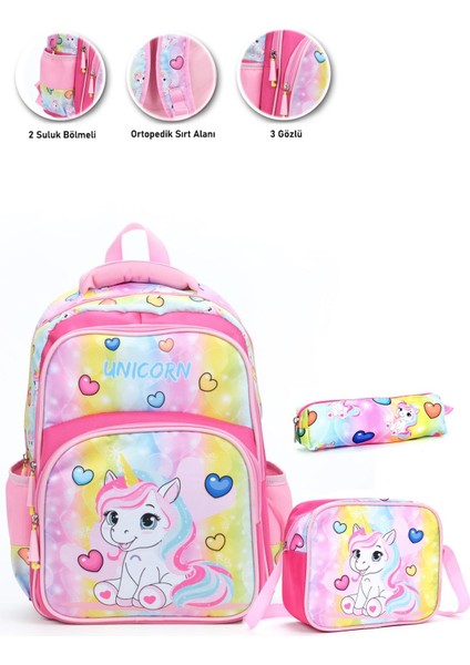 Soft Unicorn Okul Çantası + Beslenme + Kalemlik + Kız Sırt Çantası Atcık Çanta