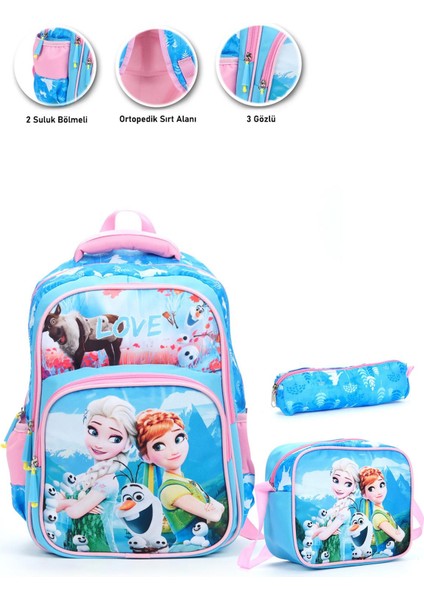 Mavi Love Elsa Anna Okul Çantası + Beslenme + Kalemlik + Frozen Sırt Çantası Atcık Çanta