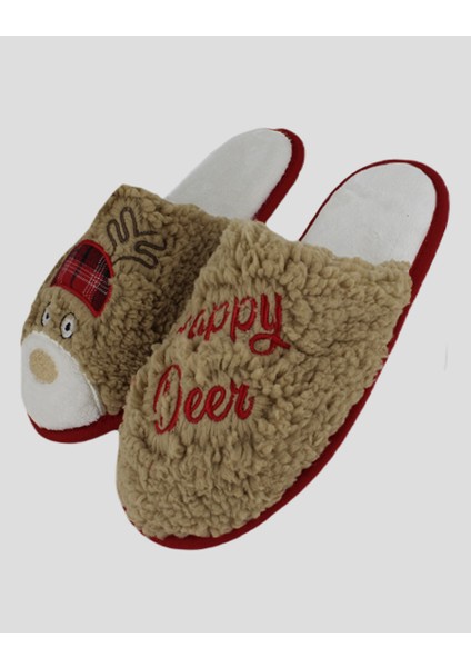 NEVİ- E - Happy Deer Yazılı Kahverengi Kadın Ev Terliği