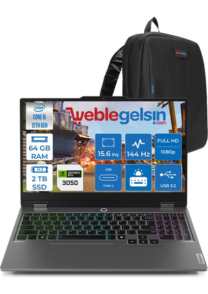 Loq 15IAX9 Intel Core I5 12450HX 64GB Ddr5 2tb SSD 6gb RTX3050 (95W) 15.6" IPS 144Hz Fhd Freedos Taşınabilir Bilgisayar 883GS001TTRF09 + Zetta Çanta