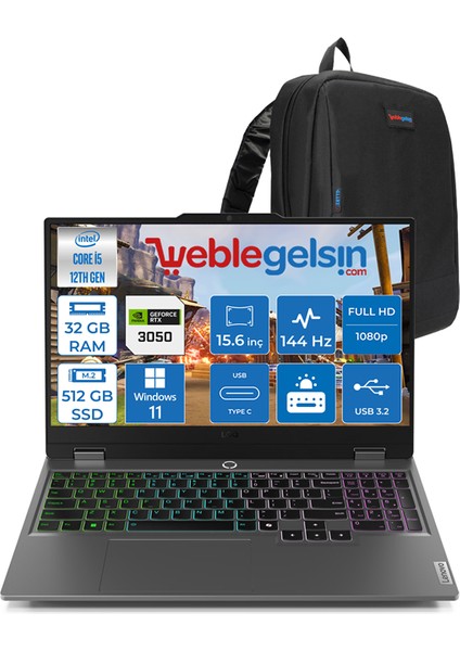 Loq 15IAX9 Intel Core I5 12450HX 32GB Ddr5 512GB SSD 6gb RTX3050 (95W) 15.6" IPS 144Hz Fhd Windows 11 Home Taşınabilir Bilgisayar 883GS001TTRWH04 + Zetta Çanta
