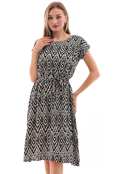Kadın Beli Lastikli Viskon Elbise Siyah-Beyaz - BGE41 modelleri