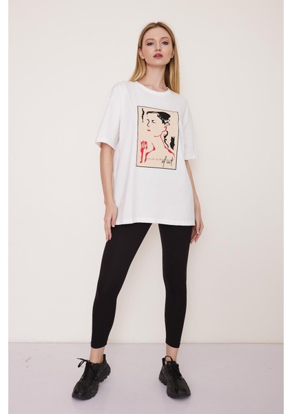 Beyaz Oversize Baskılı Pamuk T-Shirt - BGB10 fırsatları