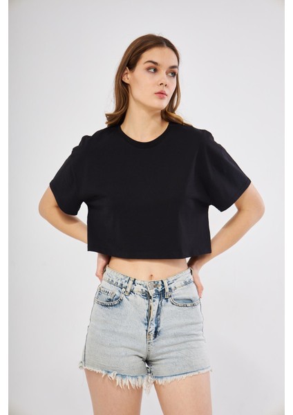 Oversize Siyah Crop T-Shirt - BGB15