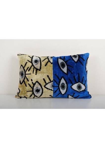 Sarı ve Mavi Renkli Göz Motifli Kadife Ikat Yastık Kılıfı
