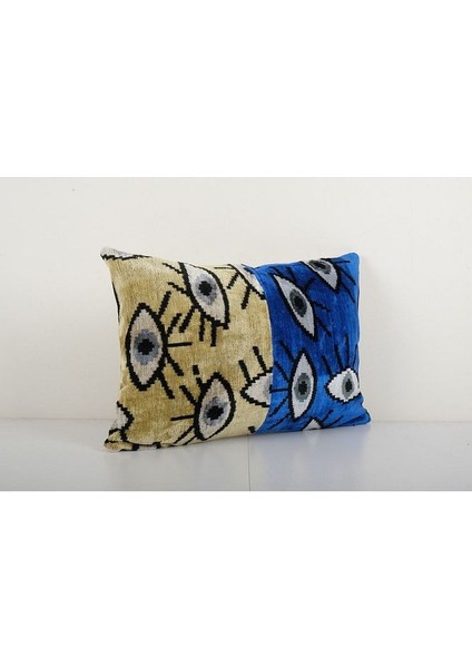 Sarı ve Mavi Renkli Göz Motifli Kadife Ikat Yastık Kılıfı fiyatları