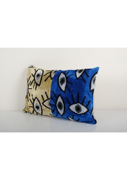 Sarı ve Mavi Renkli Göz Motifli Kadife Ikat Yastık Kılıfı modelleri