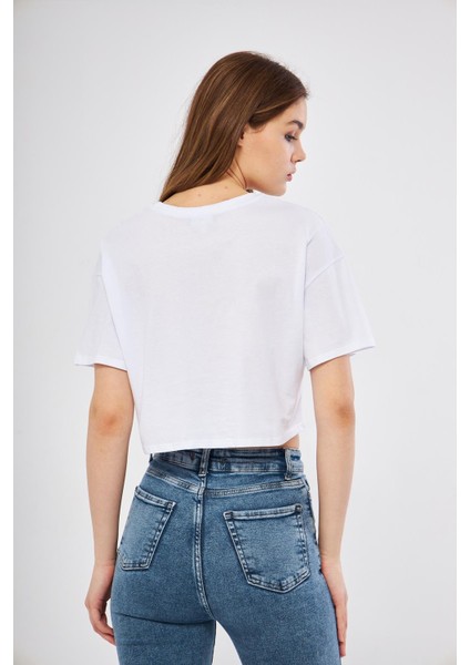 Oversize Beyaz Crop T-Shirt - BGB16 modelleri