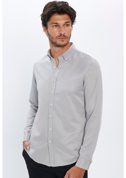 Erkek Slim Fit Dar Kesim Pamuklu Kolay Ütü Gri Düğmeli Yaka Gömlek