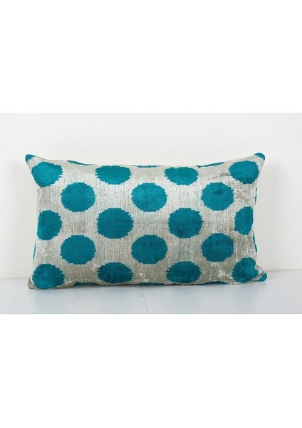Turkuaz Renkli Puantiye Desenli Kadife Ikat Yastık Kılıfı