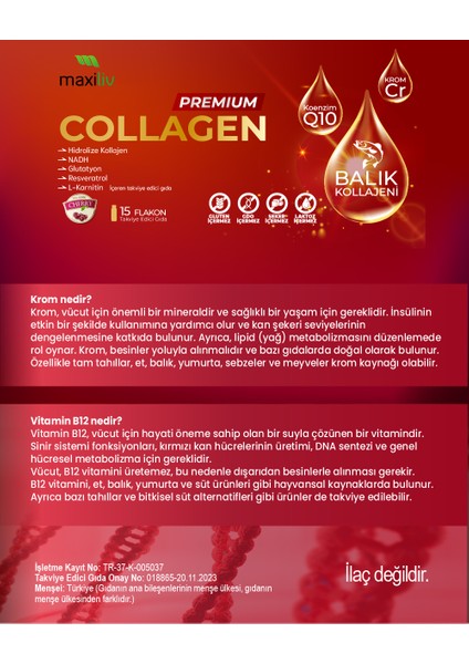 Premium Collagen 15 Flakon – 50.000 mg – Hidrolize Balık Kollajeni, NADH, Glutatyon, Resveratrol, L-Karnitin İçeren Takviye Edici Gıda indirimleri