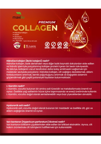Premium Collagen 15 Flakon – 50.000 mg – Hidrolize Balık Kollajeni, NADH, Glutatyon, Resveratrol, L-Karnitin İçeren Takviye Edici Gıda