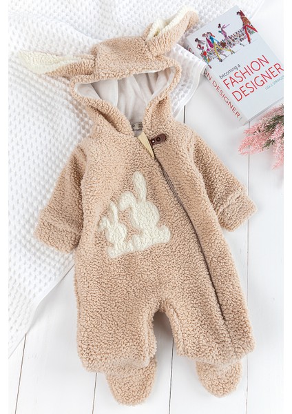 Tavşan Işlemeli Kapüşonlu Welsoft Peluş Kışlık Kız/erkek Bebek Tulum