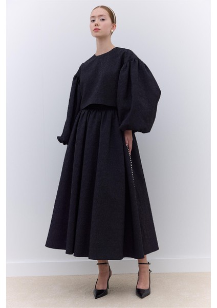 Inci Detaylı Jakarlı Etek Siyah