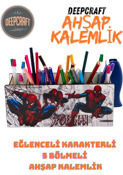 Deepcraft Ahşap Çocuklar Için Masa Üstü Kare Kalemlik & Organizer-Spiderman