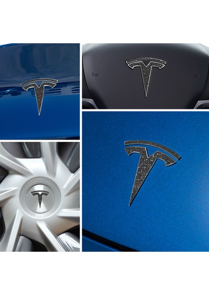 Tesla Model Y Özel Kesim Logo Seti - Direksiyon Ön Arka Jantlar ve Sensörler Için 8'lu Tesla Logo Sticker Seti (Simli Siyah)