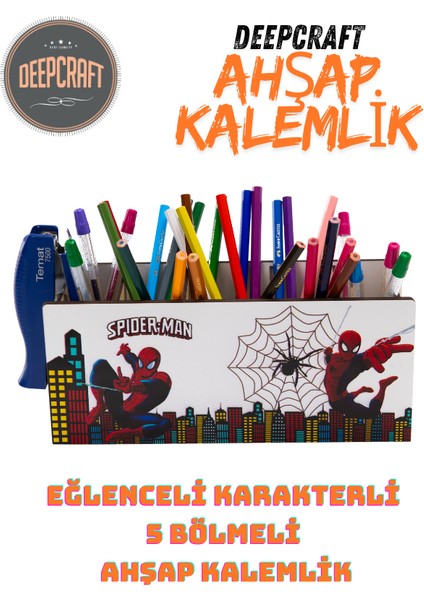 Deepcraft Ahşap Çocuklar Için Masa Üstü Kare Kalemlik & Organizer-Ağ Spiderman