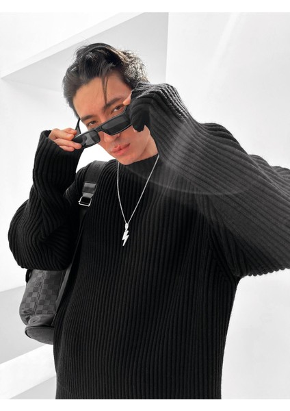 Extra Oversize Fitilli Örme Kazak Siyah