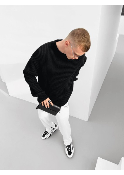 Extra Oversize Fitilli Örme Kazak Siyah fırsatları
