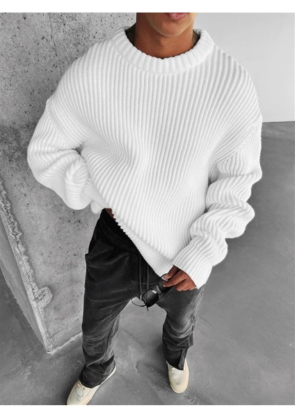 Extra Oversize Fitilli Örme Kazak Beyaz