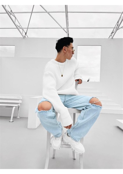 Extra Oversize Fitilli Örme Kazak Beyaz modelleri