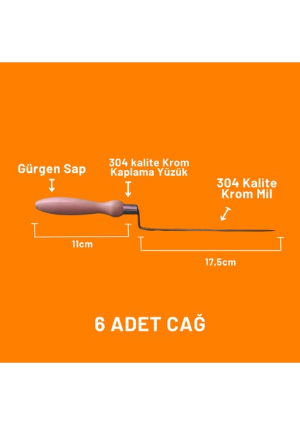 Cağ Kebap Şişi 6 Adet (Krom - Gürgen Sap)