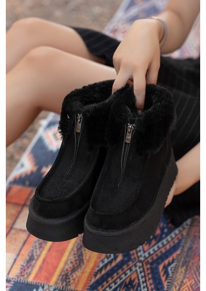 Mini Kürk Astarlı Önden Fermuarlı Kalın Taban Bağcıklı Rahat Kadın Bot