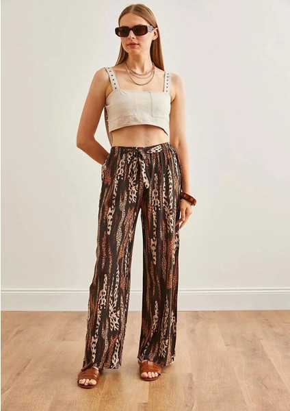 Kadın Siyah-Kahverengi Desenli Rahat Kesim Palazzo Pantolon - BGP43