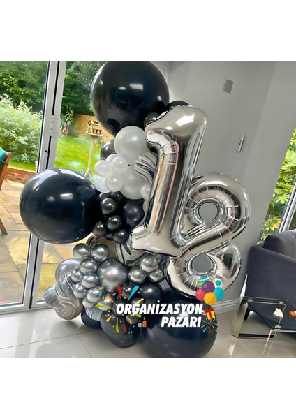 Zincir Balon Seti 18 Gümüş Folyo Balon-Siyah-Krom Gümüş-Metalik Beyaz 60 Adet +Balon Şeridi