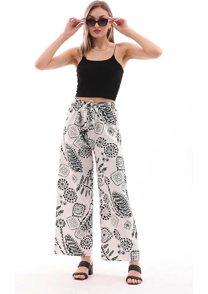 Kadın Keten Karışımlı Siyah-Beyaz Desenli Beli Lastikli Palazzo Pantolon - BGP51