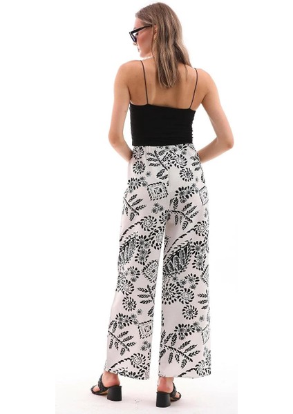 Kadın Keten Karışımlı Siyah-Beyaz Desenli Beli Lastikli Palazzo Pantolon - BGP51 fiyatları