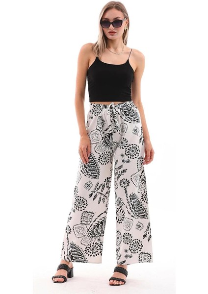 Kadın Keten Karışımlı Siyah-Beyaz Desenli Beli Lastikli Palazzo Pantolon - BGP51 modelleri