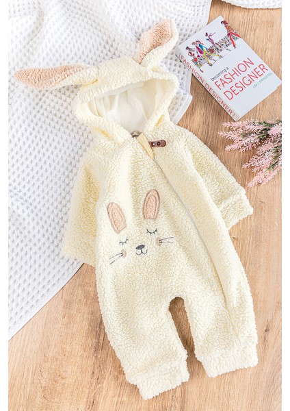 Tavşan Figürlü Kapüşonlu Welsoft Peluş Kışlık Kız Bebek Tulum