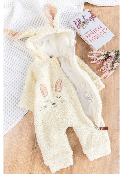 Tavşan Figürlü Kapüşonlu Welsoft Peluş Kışlık Kız Bebek Tulum
