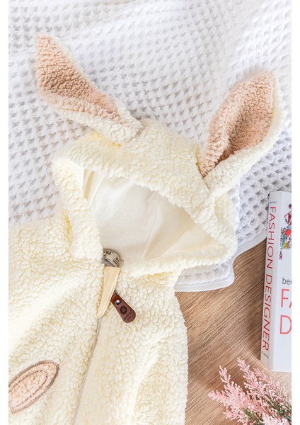 Tavşan Figürlü Kapüşonlu Welsoft Peluş Kışlık Kız Bebek Tulum