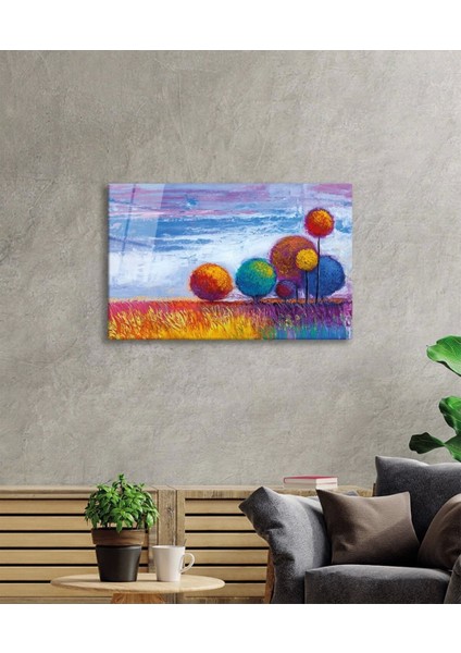 Teknoo- Renkli Ağaçlar Doğa Cam Tablo, Ev ve Ofis Duvar Dekoru, fiyatları