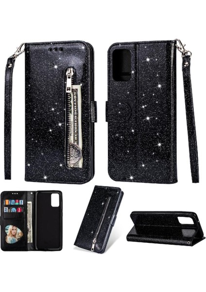 Samsung Galaxy Zipper 5g Kart Tutucu Için Fermuarlı Cebi Durumda Glitter Cüzdan Pu (Yurt Dışından)